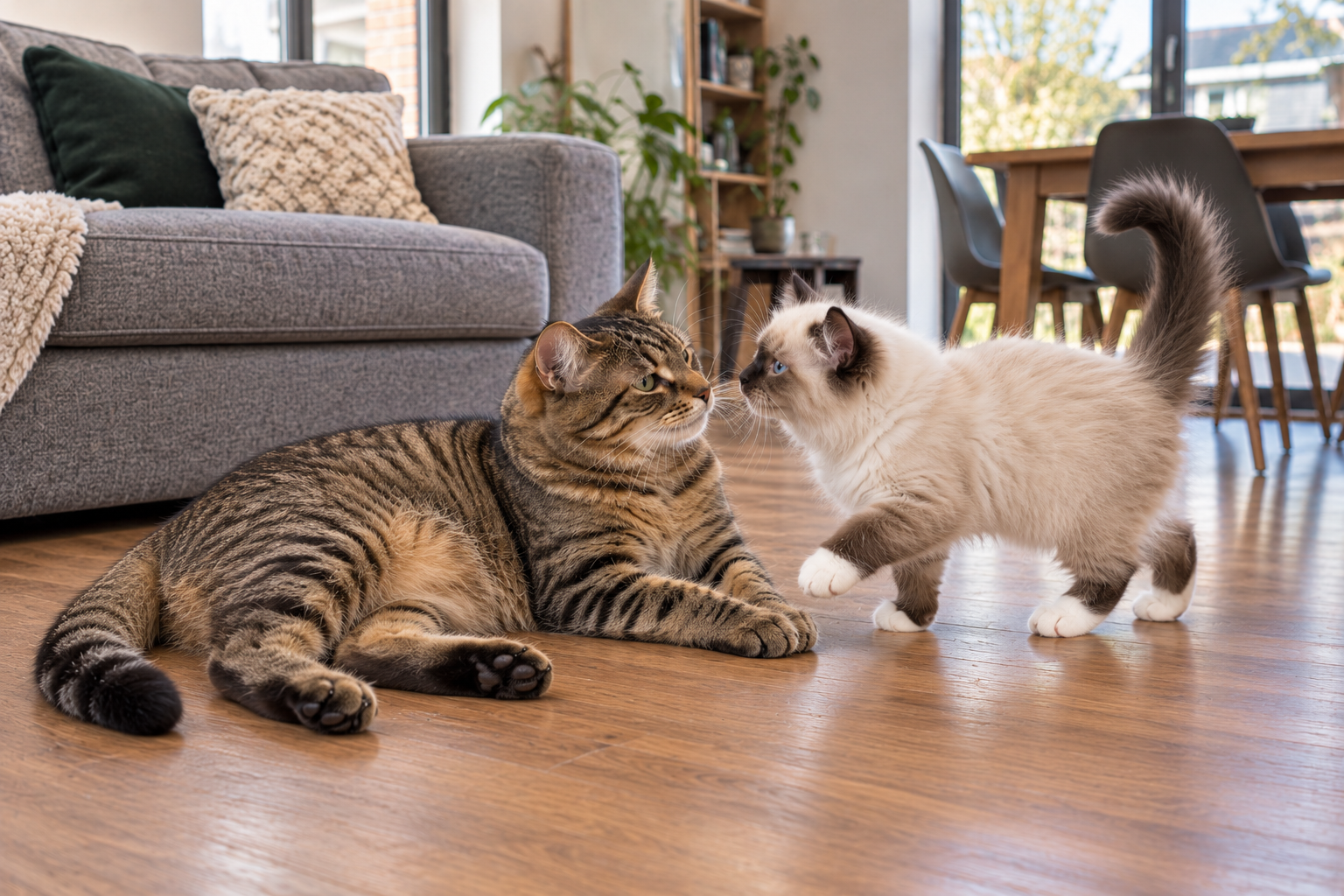 A kitten meeting a dog with patient supervision