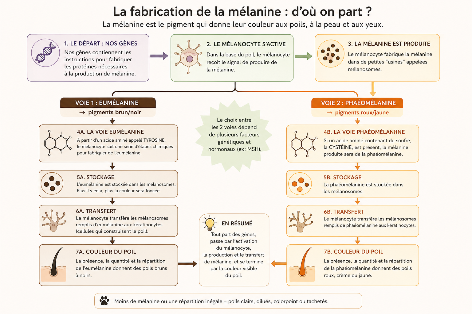 Schéma des voies de synthèse de l’eumélanine et de la phæomélanine