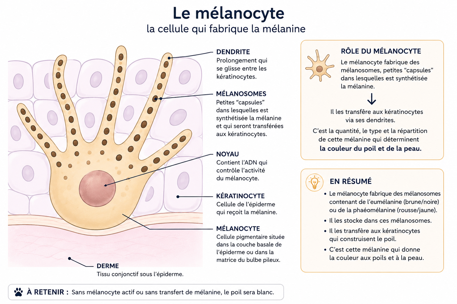 Schéma du mélanocyte, de ses dendrites et de ses mélanosomes